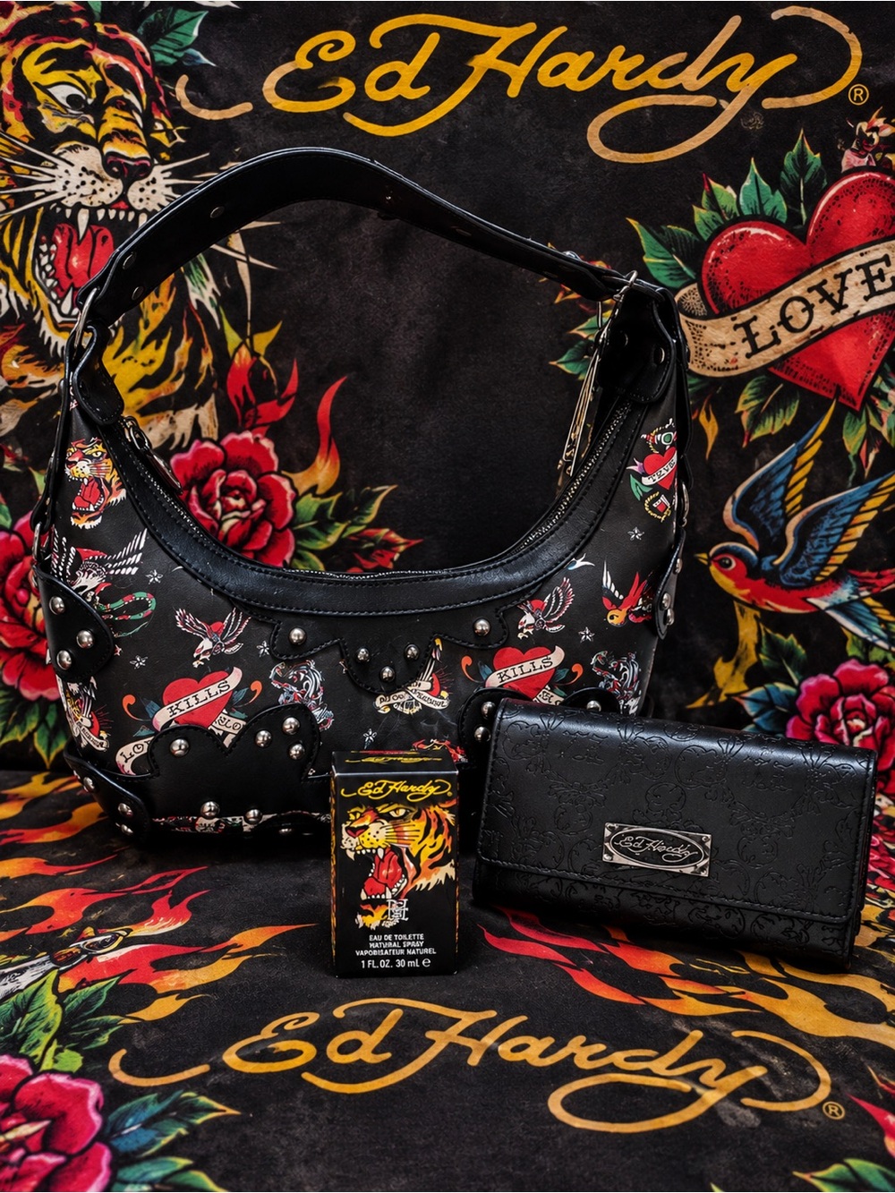Ed Hardy Black Studded Shoulder Bag with Tattoo Print, wallet and extra